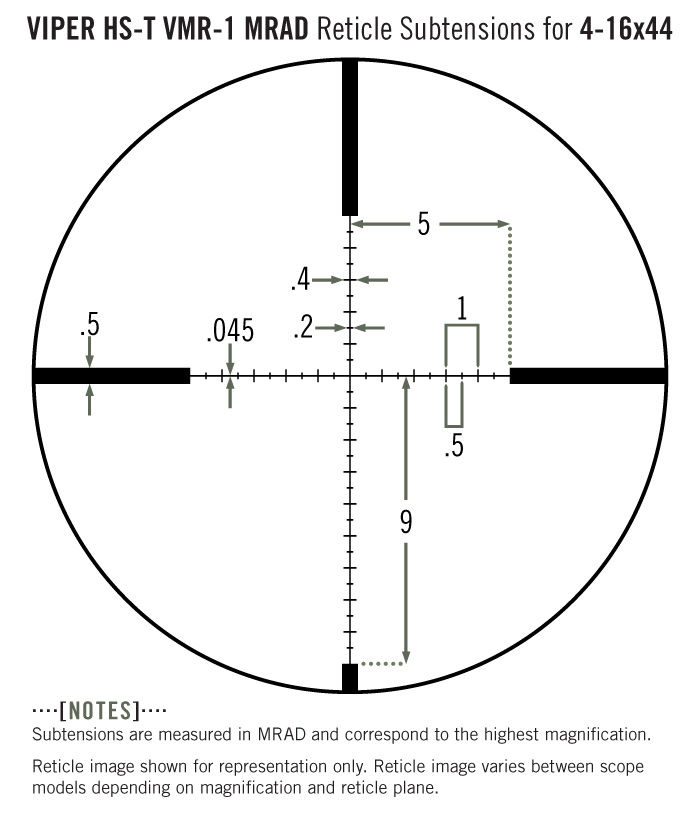 Subtension detail for the Viper HS-T 4-16x44 with VMR-1 MRAD reticle.