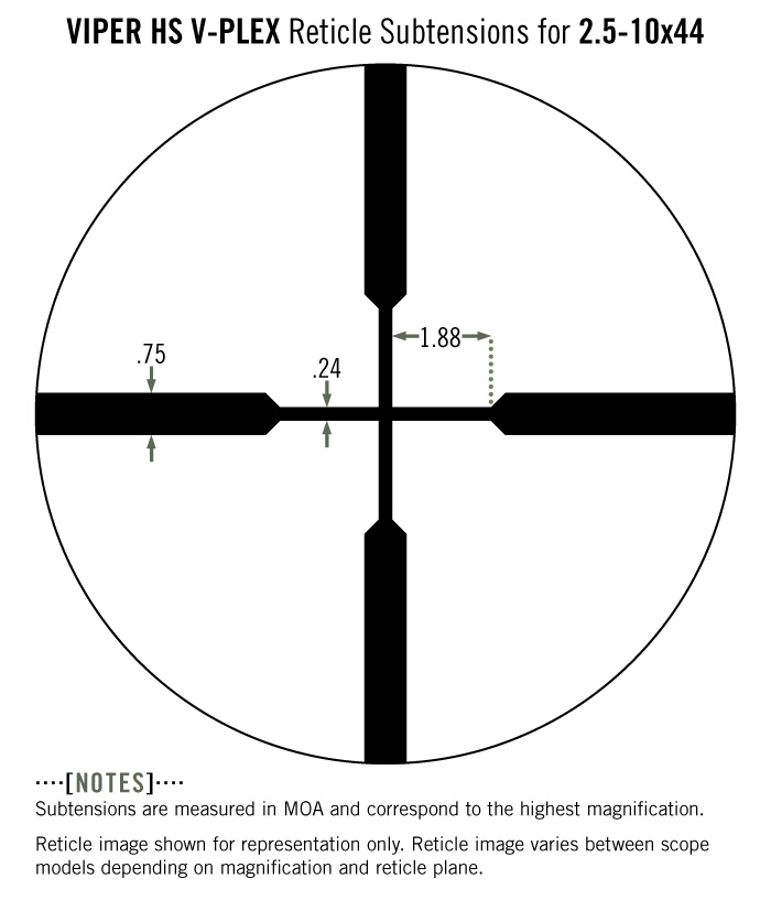 Subtension detail for the Viper HS 2.5-10x44 with V-Plex reticle.