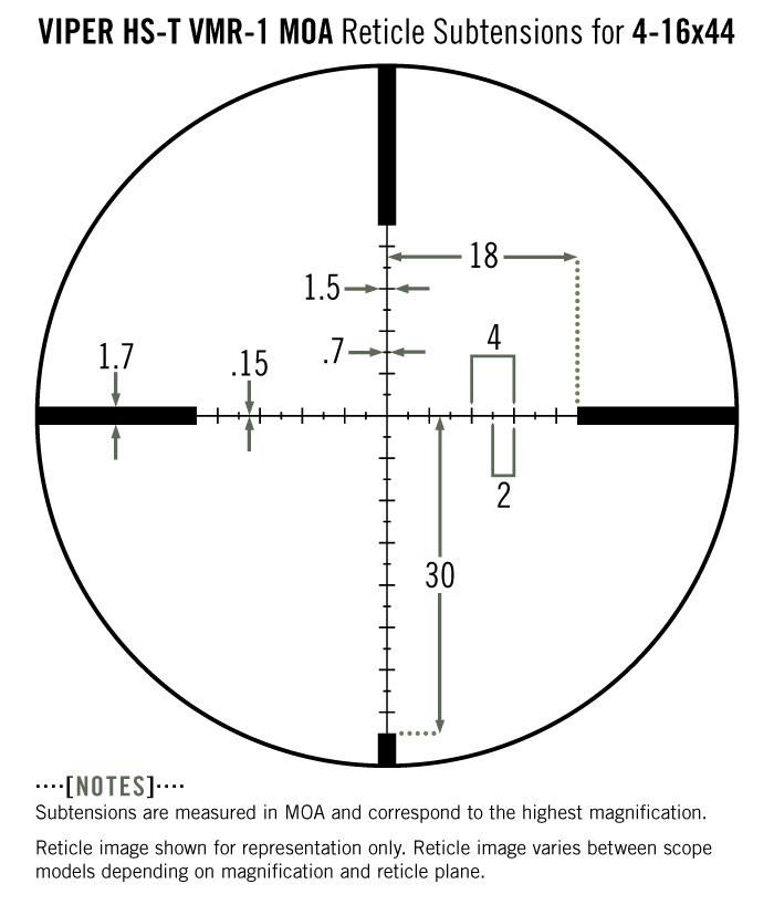 Subtension detail for the Viper HS-T 4-16x44 with VMR-1 MOA reticle.